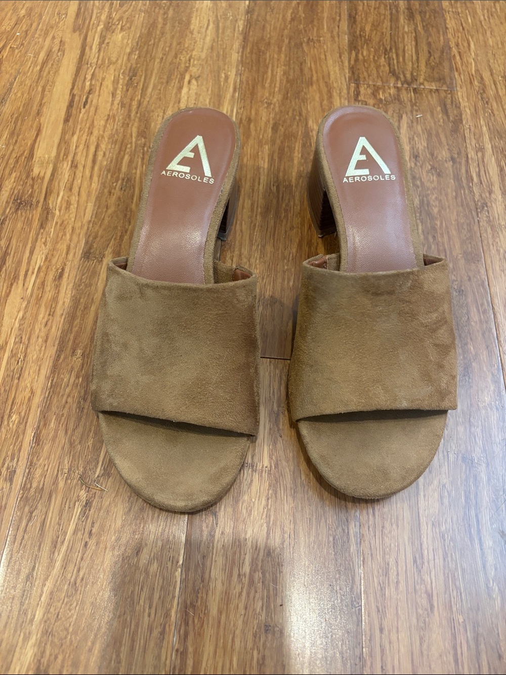 AEROSOLES Brown Suede Slip-On Low Block Heel Mules